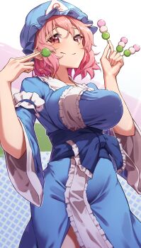 1girl absurdres blue_hat blue_kimono breasts commentary_request dango dress food frilled_kimono frills hat highres holding holding_food holding_skewer japanese_clothes kimono large_breasts looking_at_viewer medium_hair mob_cap pink_eyes pink_hair saigyouji_yuyuko sanshoku_dango skewer sleeve_garter smile solo touhou triangular_headpiece wagashi wide_sleeves yosshy