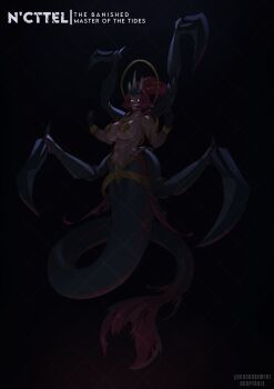 Rule 34 | 1girl, abs, black scales, breasts, claws, crotch plate, fins, fish tail, highres, monster girl, multiple arms, muscular, muscular female, okasbasement, original, pointy ears, red hair, tail, yellow eyes