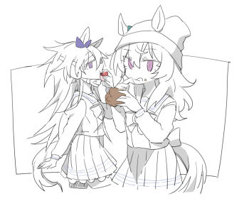Rule 34 | 2girls, animal ears, beanie, beer hsk, blue ribbon, bow, closed mouth, commentary request, cropped legs, ear ribbon, ears through headwear, eating, food, food on face, fruit, hair between eyes, hat, holding, holding food, horse ears, horse girl, horse tail, licking lips, long sleeves, mask, mask pull, monochrome, mouth mask, multiple girls, nakayama festa (umamusume), orfevre (old design) (umamusume), pleated skirt, puffy long sleeves, puffy sleeves, purple eyes, ribbon, school uniform, shirt, simple background, skirt, spot color, strawberry, tail, tongue, tongue out, tracen school uniform, umamusume, white background