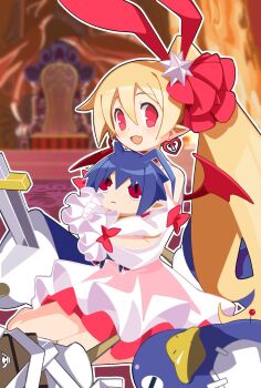 1girl animal_ears blonde_hair character_doll demon_wings disgaea disgaea_rpg doll dress earrings fake_animal_ears flonne flonne_(fallen_angel) heart heart_earrings highres holding holding_stuffed_toy jewelry laharl long_hair looking_at_viewer open_mouth pointy_ears ponytail prinny rabbit_ears red_eyes red_wings smile stuffed_toy touya_(adgjmpjpag) wings