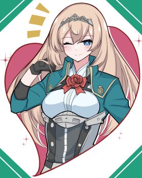 1girl absurdres black_gloves blonde_hair blue_eyes breasts commentary_request corset cropped_jacket flower gloves green_jacket hair_between_eyes highres jacket kantai_collection long_hair medium_breasts red_flower red_rose rose smile solo tiara tokiwa_senkei very_long_hair victorious_(kancolle)