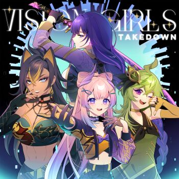 4girls abs absurdres ahoge alternate_costume alternate_universe animal_ears arms_up bare_shoulders belt black_gloves blue_eyes blue_pupils blunt_bangs bra braid breasts brown_hair cat_ear-shaped_hair choker cleavage collarbone collei_(genshin_impact) commentary cover crop_top cropped_jacket crossover dark-skinned_female dark_skin dehya_(genshin_impact) dress earrings english_commentary english_text eyeshadow from_side genshin_impact glint gloves gradient_hair green_dress grey_hair hair_between_eyes hair_ornament happy hen-tie high_ponytail highres holding holding_sword holding_weapon huge_ahoge idol jacket jewelry katana kpop_demon_hunters large_breasts long_braid long_hair long_sleeves makeup multicolored_eyes multicolored_hair multiple_girls musou_isshin_(genshin_impact) navel open_clothes open_jacket open_mouth pants pink_hair ponytail purple_eyes purple_hair purple_jacket raiden_shogun reaching reaching_towards_viewer sangonomiya_kokomi second-party_source short_hair single_braid smile standing stomach streaked_hair sword teeth thumbs_down toned toned_female underwear upper_body upper_teeth_only wavy_hair weapon