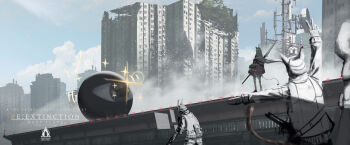 1girl 2others absurdres ambiguous_gender animal_ears blue_sky building cityscape cloud commentary copyright_name day english_commentary eyeball floating_hair gun highres holding holding_gun holding_weapon jacket long_hair long_sleeves multiple_others original outdoors prezonya46 re:extinction scenery sky skyscraper sparkle standing sword tail weapon white_hair white_jacket