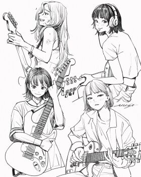 4girls acoustic_guitar amplifier bass_guitar beamed_eighth_notes beamed_sixteenth_notes blush bow_(music) cable computer_keyboard drum drum_set drumsticks eighth_note electric_guitar fishnets greyscale guitar headphones highres holding holding_instrument instrument keyboard_(instrument) long_hair lute_(instrument) microphone monochrome mouth_hold multiple_girls musa_(musa_draws) music musical_note original piano playing_instrument plectrum quarter_note sheet_music shirt short_hair singing sitting smile tambourine trumpet violin