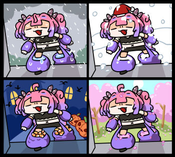 1girl ahoge candy candy_corn cherry_blossoms fang food hat highres hololive hololive_dev_is jack-o'-lantern keenbiscuit kikirara_vivi kikirara_vivi_(1st_costume) midriff multicolored_hair parody pink_hair pink_petals purple_hair rain santa_hat seasons snow twintails two-tone_hair virtual_youtuber wet x_navel