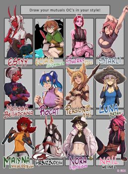 6+girls ahoge animal_ears bandaid bandaid_on_cheek bandaid_on_face black_hair black_sclera blonde_hair blue_hair braid brown_hair character_request chart colored_sclera colored_skin commentary curled_horns d-rex dark-skinned_female dark_skin demon_tail eclair_(spicymancer) english_commentary english_text fox_ears fox_girl glasses goggles gradient_hair green_eyes grey_hair grin hair_between_eyes highres horns indie_virtual_youtuber khiara_(personal_ami) lady_wolf_(arbuz_budesh) long_hair losse_(personal_ami) malyna_(malberrybush) melissa_belladonna midriff multicolored_hair multiple_girls nail_(helixel) navel nikira_(rocatart) original pink_hair pink_skin pointy_ears polearm ponytail quill red_hair red_skin short_hair single_braid smile spear starli_(character) tail tonfa two-tone_hair virtual_youtuber weapon white_eyes white_hair white_skin yellow_eyes