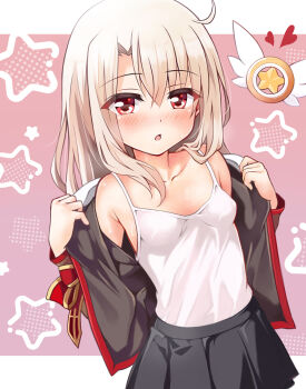 1girl bare_shoulders black_skirt blush breasts brown_jacket camisole commentary_request fate/kaleid_liner_prisma_illya fate_(series) highres homurabara_academy_elementary_school_uniform illyasviel_von_einzbern jacket long_hair looking_at_viewer magical_ruby mochi_(k620803n) off_shoulder open_mouth red_eyes red_trim revision school_uniform sidelocks skirt small_breasts solo white_camisole white_hair