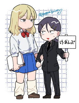 1boy 1girl :| black_eyes black_jacket black_necktie black_pants black_suit blonde_hair blue_skirt bow bowtie brown_shoes chibi chibi_only closed_mouth commentary_request crossdressing crossdressing_(ftm) crossdressing_(mtf) formal_clothes futsuu_no_keion-bu grey_eyes grey_hair grid_background gyogyo_kasien hair_ornament hairclip hairpin hatono_chihiro height_difference highres holding holding_another&#039;s_arm holding_paper holding_sign jacket loafers long_sleeves loose_socks medium_hair mizuo_haruichi necktie pant_suit pants paper parallel_hairclips pleated_skirt ponytail red_bow red_bowtie school_uniform shirt shirt_tucked_in shoes sign skirt small_pupils small_sweatdrop socks suit suit_jacket twitter_username white_shirt