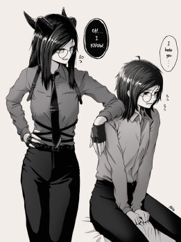 1boy 1girl artist_name artist_self-insert belt blush breasts collared_shirt d-chan_(niio) demon_horns dress_shirt english_text feminine fingerless_gloves flat_chest gender_dysphoria glasses gloves greyscale hand_on_own_hip highres horns long_hair long_sleeves looking_at_another monochrome multiple_girls necktie niio_(niiochi) niio_(niiochi)_(person) open_mouth original pants round_eyewear shirt sidelocks simple_background sitting small_breasts speech_bubble tearing_up wavy_mouth