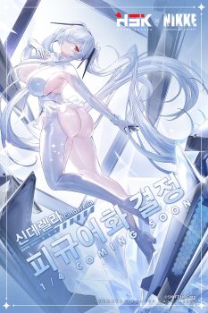 1girl ass bodysuit breasts cinderella_(nikke) cleavage closed_mouth goddess_of_victory:_nikke hair_over_one_eye head_tilt highres huge_ass large_breasts legs long_hair looking_at_viewer miniskirt official_art red_eyes shift_up sideboob skirt thighs twintails very_long_hair white_bodysuit