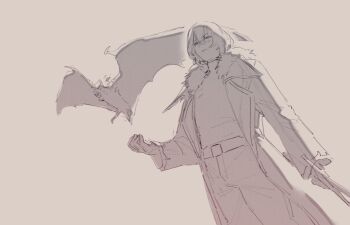 1boy bat belt castlevania:_aria_of_sorrow castlevania_(series) coat fur_trim harsh-mallowz highres holding holding_sword holding_weapon lapels pants soma_cruz sword weapon