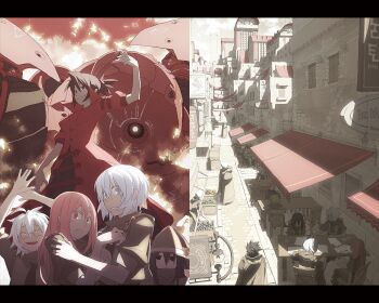 Rule 34 | 2boys, 3girls, bad id, bad pixiv id, city, fantasy, letterboxed, mecha, multiple boys, multiple girls, pixiv fantasia, pixiv fantasia 1, robot, scenery, tsukuba masahiro, viola (pixiv fantasia)