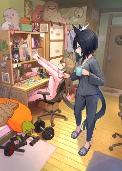 >_< 2girls alternate_costume alternate_hairstyle animal_ears bed black_hair blue_eyes blush book bookshelf brown_hair casual chain chair character_doll closed_eyes collared_shirt cup desk doll dorm dumbbell eishin_flash_(umamusume) grey_pajamas hair_down highres horse_ears horse_girl horse_tail kogomiza long_hair long_sleeves mug multiple_girls office_chair pajamas pink_pajamas shirt short_hair sitting slippers smart_falcon_(umamusume) smile swivel_chair tail umamusume