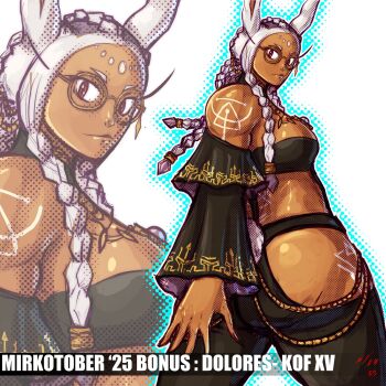 1girl ass bodypaint boku_no_hero_academia braid breasts curvy dark-skinned_female dark_skin dolores_(kof) dress from_behind glasses gold huge_ass large_breasts long_hair looking_at_viewer looking_back mirko panties rabbit rabbit_ears rabbit_girl red_eyes round_eyewear taurence_bell the_king_of_fighters thick_thighs thighs underwear white_hair