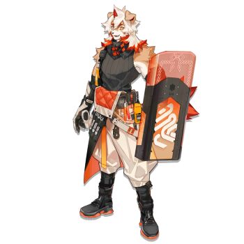 1boy animal_ears arknights baggy_pants bare_shoulders black_boots black_shirt boots brown_fur colored_tips dog_boy dog_ears full_body furry furry_male holding holding_shield horns hung_(arknights) kuroblood looking_at_viewer male_focus medium_hair multicolored_hair official_art orange_eyes orange_hair pants shield shirt single_horn sleeveless sleeveless_shirt solo standing streaked_hair toned toned_male transparent_background two-tone_fur white_fur white_hair white_pants