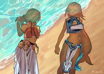 Rule 34 | 2girls, absurdres, artist name, artist request, beach, belt, belt pouch, black belt, blue vest, breasts, chest sarashi, commission, cowboy shot, cropped shirt, day, dressed shadow (meme), grey trim, hand up, highres, implied nudity, large breasts, long hair, looking at another, meme, metal trim, multiple girls, ocean, open clothes, open shirt, open vest, orange shirt, out of frame, outdoors, pants, pouch, protected link, sadina (tate no yuusha no nariagari), sarashi, sarong, second-party source, shadow, shildina (tate no yuusha no nariagari), shirt, standing, tail-shaped hair, tate no yuusha no nariagari, two-tone shirt, unworn loincloth, unworn sarashi, unworn vest, vest, watermark, white pants, white sarong, yellow shirt