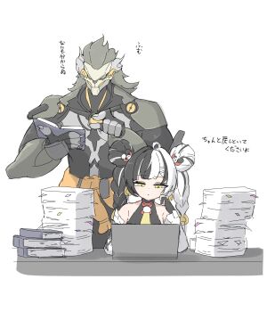 1boy 1girl absurdres banyue_(zenless_zone_zero) bare_shoulders black_hair book braid computer desk detached_sleeves dialyn_(zenless_zone_zero) dress grey_hair gusumandesuyo highres holding holding_book laptop long_hair multicolored_hair paper_stack robot split-color_hair twin_braids white_dress white_hair yellow_eyes zenless_zone_zero