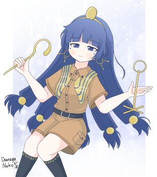 Rule 34 | 2girls, belt buckle, black socks, blue eyes, blue hair, blunt bangs, brown shirt, brown shorts, buckle, check commentary, collared shirt, commentary request, cropped legs, dated, dounaga nuko, earrings, facial mark, fossilized wonders, gold, gold buckle, gold hairband, gold headdress, gold headwear, hair ornament, hairband, highres, holding, holding scepter, jewelry, key earrings, kneehighs, long hair, michigami nareko, multiple girls, pocket, scepter, shirt, short sleeves, shorts, signature, simple background, smile, socks, sphere hair ornament, star (sky), starry sky background, striped capelet, touhou, triangle, triangle facial mark, upper body, usekh collar, white background
