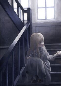 1girl 1other absurdres blonde_hair commentary_request dress highres indoors loafers long_hair long_sleeves looking_at_another monou_pico original shoes smile solo_focus squatting stairs white_dress window