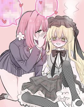 2girls @_@ bare_arms bare_legs black_bow black_bowtie black_skirt blonde_hair blush bow bowtie breasts censored commentary covering_own_mouth dei_matsuri embarrassed fishnet_pantyhose fishnets flower flustered gothic_lolita green_eyes grey_vest hair_between_eyes hair_flower hair_ornament hanazono_hakari hand_over_own_mouth head_steam heart highres huge_breasts kimi_no_koto_ga_dai_dai_dai_dai_daisuki_na_100-nin_no_kanojo kneeling kuchiha_chiru3 leaning_forward lolita_fashion long_hair long_sleeves medium_hair miniskirt mosaic_censoring multiple_girls neck_ribbon nose_blush ohananomitsu_high_school_uniform ohananomitsu_middle_school_uniform pantyhose petticoat pink_background pink_hair pleated_skirt red_ribbon ribbon school_uniform shoes simple_background sitting skirt sleeveless speech_bubble sweat thigh_gap thighs v-shaped_eyebrows very_long_hair vest whispering_in_ear white_shoes