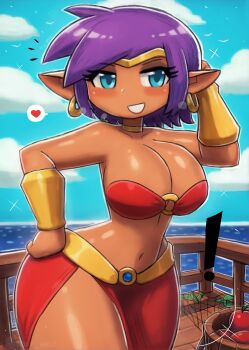 ! 1girl animal apple bird blue_eyes blush boat bracer breasts bucket choker cleavage cloud collarbone dark-skinned_female dark_skin earrings food fruit grin hand_on_own_hip heart hoop_earrings jewelry large_breasts looking_at_viewer midriff navel net o-ring o-ring_top ocean pointy_ears purple_hair red_shirt red_skirt seagull shantae shantae_(series) shirt short_hair side_slit skirt sky smile sparkle speech_bubble spoken_heart standing strapless teeth thick_thighs thighs tiara tony_welt tube_top water watercraft wayforward wide_hips wooden_bucket