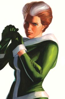 1girl absurdres alex_ross aqua_eyes brown_hair comic_cover cover cover_page gloves green_gloves green_jacket green_pants hair_pulled_back highres jacket looking_at_viewer marvel multicolored_hair official_art pants realistic rogue_(x-men) short_hair solo upper_body white_background white_hair white_trim x-men