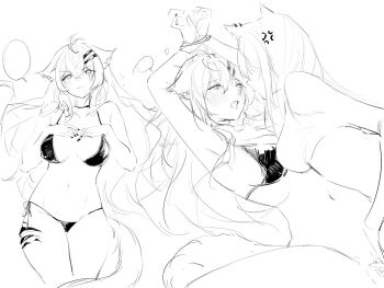 2girls angry animal_ears arknights armpits bikini black_bikini black_nails blank_speech_bubble blush bound bound_wrists breast_press breasts choker collarbone ears_down female_masturbation fingering girl_on_top hair_ornament half-closed_eyes hands_on_own_chest hashtag-only_commentary heart highres lappland_(arknights) lineart long_hair looking_at_another looking_at_viewer loose_hair_strand lying masturbation medium_breasts multiple_girls navel on_back onemore open_mouth saliva saliva_trail scar scar_on_face scar_on_leg sketch smile speech_bubble spread_legs strangling swimsuit tail tank_top tearing_up texas_(arknights) thick_thighs thighs tooth very_long_hair white_background wolf_ears wolf_girl wolf_tail yuri