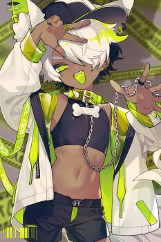 1boy :d animal_ear_fluff animal_ears barcode black_hair black_hat black_nails black_shirt black_shorts bone caution_tape chain collar cropped_shirt dark-skinned_male dark_skin earrings fangs green_collar green_eyes green_hair green_male_underwear grey_background hat highres jacket jewelry looking_at_viewer male_focus male_underwear midriff multicolored_hair navel open_mouth original ozureiji piercing ring shirt shorts smile solo spiked_collar spikes teeth tongue two-tone_hair underwear white_hair white_jacket