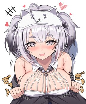 1boy 1girl :d absurdres azur_lane bare_shoulders black_jacket blush breast_press breasts buran_(22x) clothes_pull fangs from_above gradient_hair hair_between_eyes happy heart highres hug jacket jacket_pull large_breasts leaning_on_person looking_at_viewer looking_up medium_breasts medium_hair multicolored_hair open_clothes open_jacket open_mouth pov purple_eyes simple_background smile solo_focus upper_body white_hair z13_(azur_lane) z13_(strategic_date_solution)_(azur_lane)