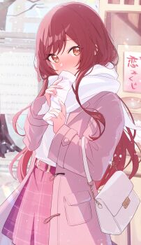 Rule 34 | 1girl, absurdres, bag, belt, blush, coat, commentary request, embarrassed, enpera, handbag, highres, holding, holding omikuji, holding paper, idolmaster, idolmaster shiny colors, kirizuki reika, long hair, long sleeves, looking at viewer, new year, omikuji, open clothes, open coat, osaki amana, outdoors, paper, pink coat, pink skirt, plaid clothes, plaid skirt, pleated skirt, red hair, scarf, skirt, snow, solo, standing, swept bangs, white bag, white scarf, yellow eyes