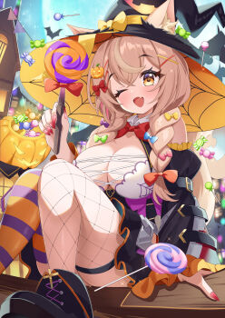 1girl absurdres animal_ears asymmetrical_legwear black_footwear black_hat black_skirt blonde_hair blush bow bowtie breasts broom broom_riding candy cat_ears cat_girl cat_tail cleavage detached_collar detached_sleeves ears_through_headwear elegant_(sumisumi4268) fishnet_thighhighs fishnets food hair_ornament hairclip halloween halloween_bucket hat highres holding holding_candy holding_food holding_lollipop jack-o&#039;-lantern large_breasts lollipop looking_at_viewer one_eye_closed open_mouth original red_bow red_bowtie shirt sitting skirt smile solo spider_web_pattern striped_clothes striped_thighhighs swirl_lollipop tail thighhighs white_shirt witch yellow_eyes