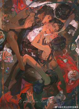 Rule 34 | 1boy, absurdres, ascot, barefoot, beads, black eyes, black hair, black jacket, black nails, black pants, black shorts, blue eyes, bra, buttons, cake, cake slice, cherry, closed mouth, eyelashes, fingernails, flower, food, fruit, gem, hair ornament, highres, holding, holding fruit, holding food, holding fruit, jacket, layered ascot, lips, liyuliyuzhou, long hair, long sleeves, looking at another, looking at viewer, multiple girls, nail polish, original, pants, parted lips, pink flower, pink lips, pink rose, plate, rose, short hair, shorts, sparkle, teeth, toenails, tongue, tongue out, underwear, upper teeth only, vest, watermark, weibo watermark, white ascot