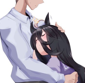 01_leesuke 1boy 1girl ahoge animal_ears black_hair blush brown_hair closed_eyes closed_mouth collared_shirt grey_hair hair_between_eyes hand_on_another&#039;s_head height_difference highres horse_ears horse_girl hug long_bangs long_hair_between_eyes manhattan_cafe_(umamusume) motion_lines multicolored_hair purple_sailor_collar purple_shirt sailor_collar school_uniform shirt short_hair simple_background tracen_school_uniform umamusume variant_set white_background white_shirt