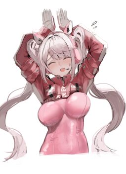 1girl absurdres alice_(nikke) animal_ear_headphones animal_ears arms_up bodysuit breasts cat_ear_headphones cat_ears commentary_request cropped_torso fake_animal_ears flying_sweatdrops gloves goddess_of_victory:_nikke hana_hebi headphones highres long_hair multicolored_gloves open_mouth perky_breasts pink_bodysuit pink_shrug pointy_breasts rabbit_pose shrug_(clothing) sidelocks simple_background solo sweatdrop teeth twintails upper_teeth_only very_long_hair white_background white_hair