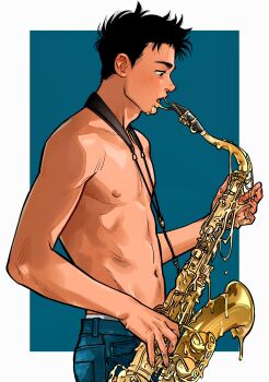 Rule 34 | 1boy, black hair, blue background, blue giant, border, commentary, denim, highres, instrument, male focus, miyamoto dai, nipples, outside border, pants, profile, saxophone, short hair, solo, sorewakaru0001, topless male, untranslatable commentary, upper body