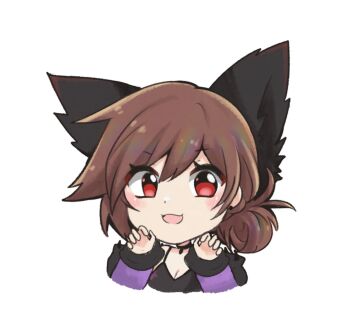 Rule 34 | 1girl, :d, animal ears, black collar, borrowed character, breasts, brown hair, chibi, chibi only, claw pose, cleavage, collar, cry (crydiaa), dog ears, dog girl, dot nose, earrings, highres, indie virtual youtuber, jewelry, light blush, long sleeves, open mouth, pale skin, red eyes, simple background, smile, solo, spaghetti strap, stud earrings, thick eyelashes, very low bun, virtual youtuber, white background, wolfychu (artist)