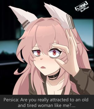 animal_ears bags_under_eyes black_choker blush breasts choker cleavage collared_shirt commentary curious english_commentary english_text girls&#039;_frontline girls&#039;_frontline_2:_exilium hair_between_eyes half-closed_eye hand_up highres indoors julian_belkan leaning_forward long_hair looking_at_viewer messy_hair open_mouth persica_(girls&#039;_frontline) pink_eyes pink_hair shirt staring surprised upper_body very_long_hair wide-eyed