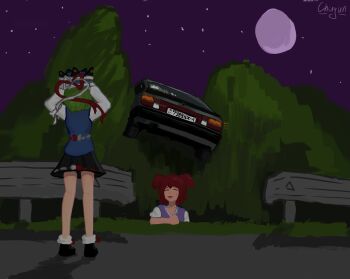 absurdres artist_name belarusian_flag car chugun forest green_hair hat highres moon motor_vehicle nature non-web_source onozuka_komachi opel_(company) opel_ascona phantasmagoria_of_flower_view red_hair ribbon road shiki_eiki skirt socks touhou