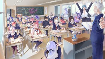 6+boys 6+girls aalto_(wuthering_waves) abby_(wuthering_waves) absurdres alternate_costume alternate_universe arm_up arms_up augusta_(wuthering_waves) beamed_eighth_notes black_choker black_flower black_hair black_jacket black_sailor_collar black_serafuku black_shirt blake_bloom_(wuthering_waves) blonde_hair blue_hair book brant_(wuthering_waves) breasts camellya_(wuthering_waves) cantarella_(wuthering_waves) carlotta_(wuthering_waves) cartethyia_(wuthering_waves) chalk chalkboard changli_(wuthering_waves) chigusa7h chimera_(wuthering_waves) chisa_(wuthering_waves) choker ciaccona_(wuthering_waves) classroom closed_eyes colored_extremities commentary commentary_request desk english_commentary everyone fenrico_(wuthering_waves) flower galbrena_(wuthering_waves) gendou_pose grey_hair hair_flower hair_ornament hair_ribbon hand_puppet hand_up hands_clasped head_rest highres holding holding_book holding_chalk holographic_interface indoors iuno_(wuthering_waves) jacket jinhsi_(wuthering_waves) jiyan_(wuthering_waves) large_breasts locker long_hair lupa_(wuthering_waves) male_rover_(wuthering_waves) medium_breasts mixed-language_commentary multicolored_hair multiple_boys multiple_girls musical_note neckerchief nose_bubble one_eye_closed orange_hair own_hands_clasped own_hands_together pangu_terminal_(wuthering_waves) parted_bangs pero_(wuthering_waves) phoebe_(wuthering_waves) phrolova_(wuthering_waves) pink_hair pointy_ears puppet red_hair red_hands red_neckerchief red_ribbon remnant_cube_(wuthering_waves) ribbon roccia_(wuthering_waves) rover_(wuthering_waves) sailor_collar sanhua_(wuthering_waves) school_desk school_uniform serafuku shirt shoes shorekeeper_(wuthering_waves) sitting sleeping smile tail tail_wagging teacher tree_horns two-tone_hair very_long_hair white_eyes white_hair white_sailor_collar white_shirt white_shoes wolf_tail wuthering_waves yangyang_(wuthering_waves) yellow_eyes zani_(wuthering_waves) zzz