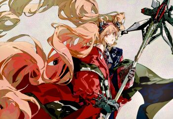 1girl :o absurdly_long_hair angelina_(arknights) angelina_(distinguished_visitor)_(arknights) animal_ears arknights bare_shoulders black_gloves black_shirt chinese_commentary coat commentary_request cowboy_shot floating_hair fox_ears fox_girl from_side gloves hairband highres holding holding_staff long_hair long_sleeves looking_at_viewer off_shoulder official_alternate_costume open_clothes open_coat open_mouth orange_eyes orange_hair red_coat red_hairband ringein shirt sidelocks sideways_glance signature simple_background sleeveless sleeveless_shirt solo staff twintails very_long_hair