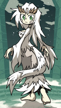 Rule 34 | barefoot, breasts, closed mouth, cloud, dark souls (series), dark souls i, dragon girl, dress, from behind, full body, green eyes, highres, horns, large breasts, long hair, long sleeves, looking back, night, priscilla the crossbreed, setz, sky, slit pupils, solo, standing, star (sky), stone floor, tail, tall female, white dress, white hair, wide sleeves