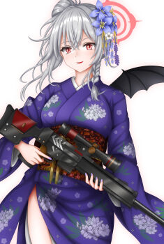 1girl blue_archive blue_flower blue_kimono blue_nails blush braid commentary_request cowboy_shot crossed_bangs demon_girl demon_wings floral_print floral_print_kimono floral_print_sash flower grey_hair gun h&amp;k_psg1 hair_between_eyes hair_bun hair_flower hair_ornament halo haruna_(blue_archive) haruna_(new_year)_(blue_archive) highres holding holding_gun holding_weapon japanese_clothes kanzashi kimono long_sleeves looking_at_viewer nail_polish official_alternate_costume official_alternate_hairstyle open_mouth partial_commentary print_kimono red_eyes red_halo red_sash rifle sash scope simple_background single_braid single_hair_bun single_wing smile sniper_rifle solo sturm_(arowana_kingyo) trigger_discipline weapon white_background white_flower wide_sleeves wings