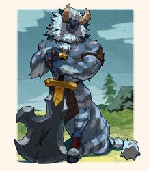 Rule 34 | 1boy, bara, beard, blue fur, brown horns, centaur, facial hair, full beard, full body, furry, furry male, greatsword, highres, horns, large hands, lynel, male focus, mature male, muscular, muscular male, nintendo, on hind legs, pectorals, planted, planted sword, planted weapon, pointy ears, redrawn, roamingthrough1, scar, solo, sword, taur, the legend of zelda, the legend of zelda: breath of the wild, thick beard, thick eyebrows, weapon