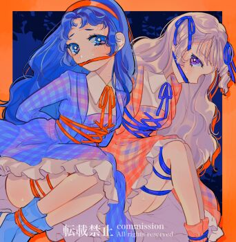 2girls amaharu_wasure ass blue_dress blue_eyes blue_hair blue_ribbon blue_shoes blush border bound collared_dress commentary commission dress english_commentary hair_ribbon hairband highres long_hair looking_at_viewer mixed-language_commentary multiple_girls orange_border orange_dress orange_hairband orange_ribbon orange_shoes original profile purple_eyes ribbon shoes tied_up_(nonsexual) white_hair