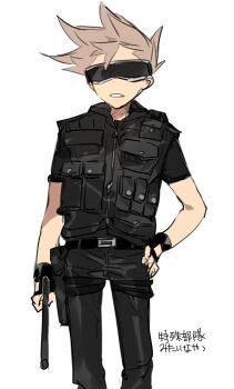 Rule 34 | 1boy, alternate costume, animification, bad id, bad twitter id, belt, belt buckle, black belt, black gloves, black pants, black shirt, brown hair, buckle, cowboy shot, eddsworld, fingerless gloves, future tom (eddsworld), gloves, hand on own hip, highres, holding, holding weapon, inactive account, male focus, nana (ebitokanimiso), painttool sai (medium), pants, shirt, short hair, short sleeves, simple background, sketch, solo, spiked hair, sunglasses, tom (eddsworld), translation request, weapon, white background