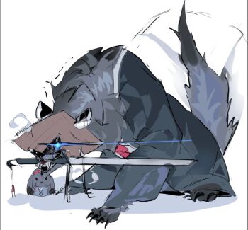 1boy 1girl aeng-du_(project_moon) animal_ears animalization bamboo-hatted_kim black_coat blue_eyes claws coat commentary_request distortion_(project_moon) glowing glowing_eyes hairband hat jingasa limbus_company project_moon rabbit red_hairband shirt shoggoth_(sirens20211) simple_background tail tail_wagging torn_clothes torn_hat trembling white_background white_shirt white_trim wolf wolf_ears wolf_tail