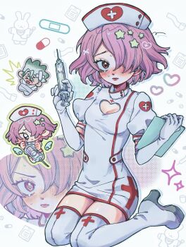 Rule 34 | 1boy, 1girl, bandages, bandaid, blush, boots, breasts, chibi, chibi inset, cleavage, cleavage cutout, clipboard, clothing cutout, commentary, cross, crying, dr. stone, dress, elbow gloves, full body, gloves, green hair, hair ornament, hair over one eye, hat, heart, heart cutout, heart print, high heel boots, high heels, highres, holding, holding clipboard, holding syringe, ishigami senkuu, looking at viewer, luna wright, multiple views, nurse, nurse cap, one eye covered, open mouth, pencil dress, pill, pink hair, puffy short sleeves, puffy sleeves, red cross, red eyes, short dress, short hair, short sleeves, sitting, small breasts, star (symbol), star hair ornament, stethoscope, symbol-only commentary, syringe, tears, thermometer, thigh boots, thighhighs, wariza, white background, white dress, white gloves, white thighhighs, wings, x (symbol), yonu jelly, zettai ryouiki