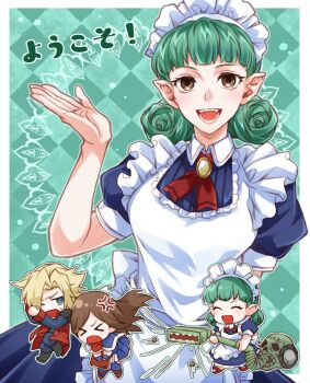 &gt;_&lt; 1boy 2girls amulet anger_vein angry apron blonde_hair blue_shirt blue_skirt book brown_eyes brown_hair castlevania:_portrait_of_ruin castlevania_(series) charlotte_aulin checkered_background chibi coat commentary_request curly_hair green_background green_hair highres holding holding_book jonathan_morris long_hair looking_at_viewer maid maid_apron maid_headdress multiple_girls persephone_(castlevania) pointy_ears red_coat shirt skirt skirt_hold skull translated user_pjdc3332 vacuum_cleaner wind wind_lift