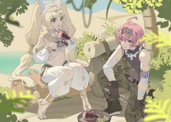 1boy 1girl ahoge animal_ear_legwear anklet backpack bag bandaged_arm bandages bare_shoulders barefoot barefoot_sandals_(jewelry) bedroll belt bilibili_581334 black_gloves black_shirt blonde_hair blue_eyes boots braid breasts bush c_chan_(vtuber) camouflage camouflage_pants cat_ear_legwear chinese_commentary commentary_request commission day desert detached_sleeves fennec_fox food frying_pan gloves goggles goggles_on_head hair_ornament hands_up highres hime_cut holding holding_food holding_stick indie_virtual_youtuber jewelry leaf legs_apart log long_hair looking_at_another midriff navel oasis open_mouth outdoors palm_tree pants pink_hair second-party_source shirt sitting smile squatting stick tree twintails
