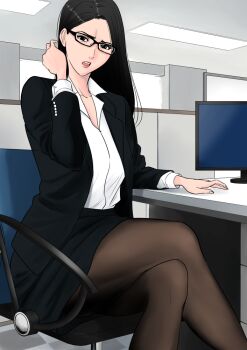 1girl back black_eyes black_hair black_skirt breasts brown_pantyhose chair checkered_floor commentary_request crossed_legs cubicle desk glasses large_breasts long_hair monitor office_chair office_lady open_mouth original pantyhose sitting skirt solo swivel_chair tamagou window